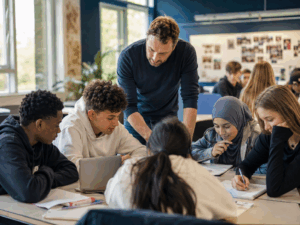 Docent helpt een diverse groep leerlingen tijdens de les met hun opdracht