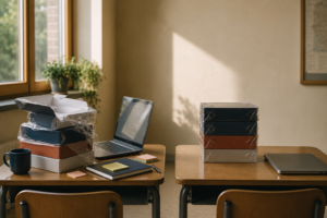 digitale transformatie in het onderwijs: twee identieke bureaus met dezelfde licentiedozen, links in gebruik, rechts ongeopend.