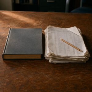 Een gesloten grootboek naast een versleten stapel uitgeprinte overzichten op een houten bureau.